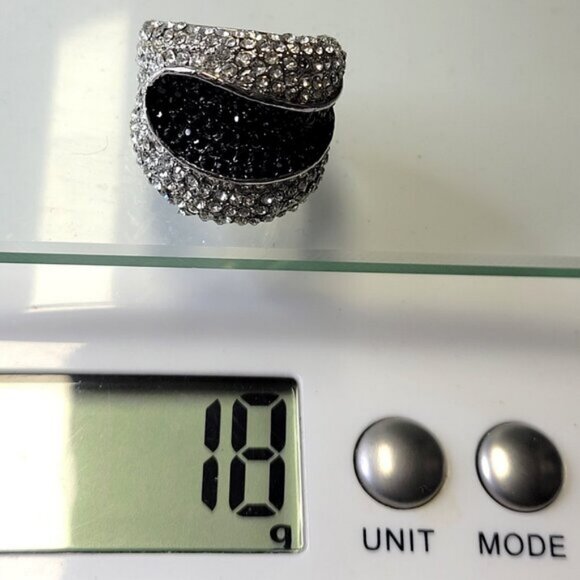 Two Tone Silver and Black Color Wide Ring Concave Design with Rhinestones Sz 5 - Picture 9 of 14